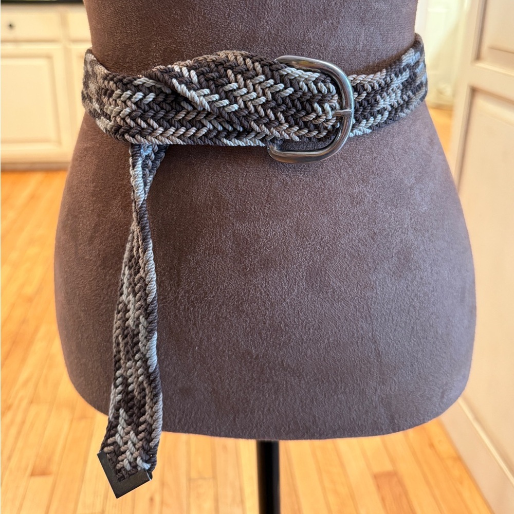 Braided Woven Brown Gray Belt with Silver Buckle